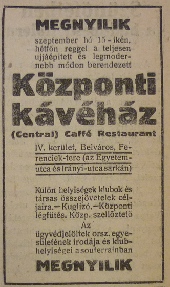 fovarosi.blog.hu: CentralKavehaz-1913Szeptember-AzEstHirdetes