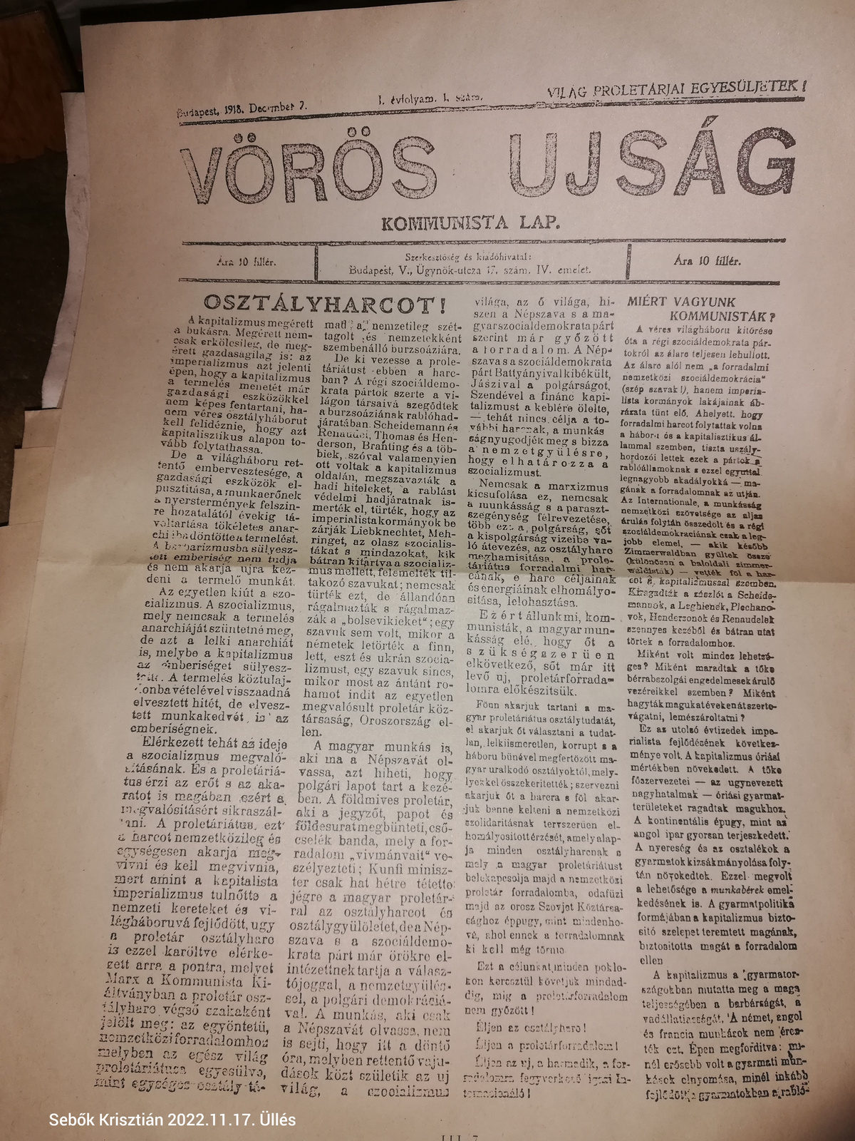 A vörös újság első száma 1918.