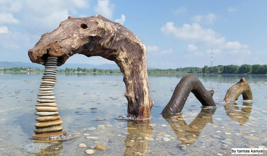 land art driftwood lake monster in hungary by tamas kanya