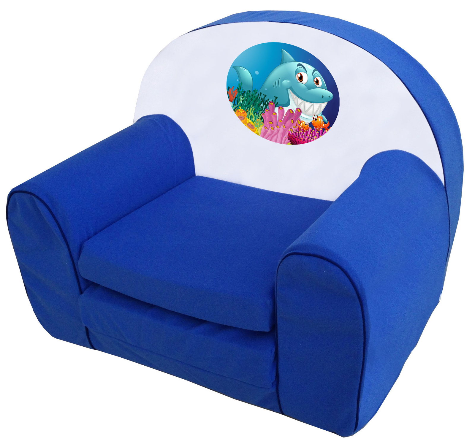 Kihajtható kék szivacs fotel gyerekeknek cápa mintával