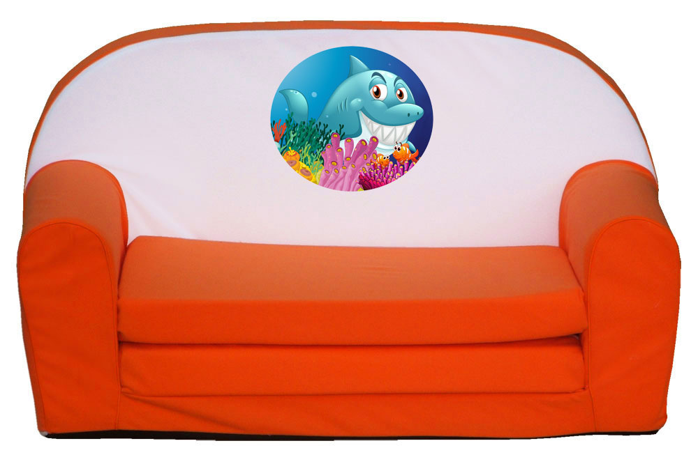 Kihajtható narancs szivacs kanapé gyerekeknek cápa mintával