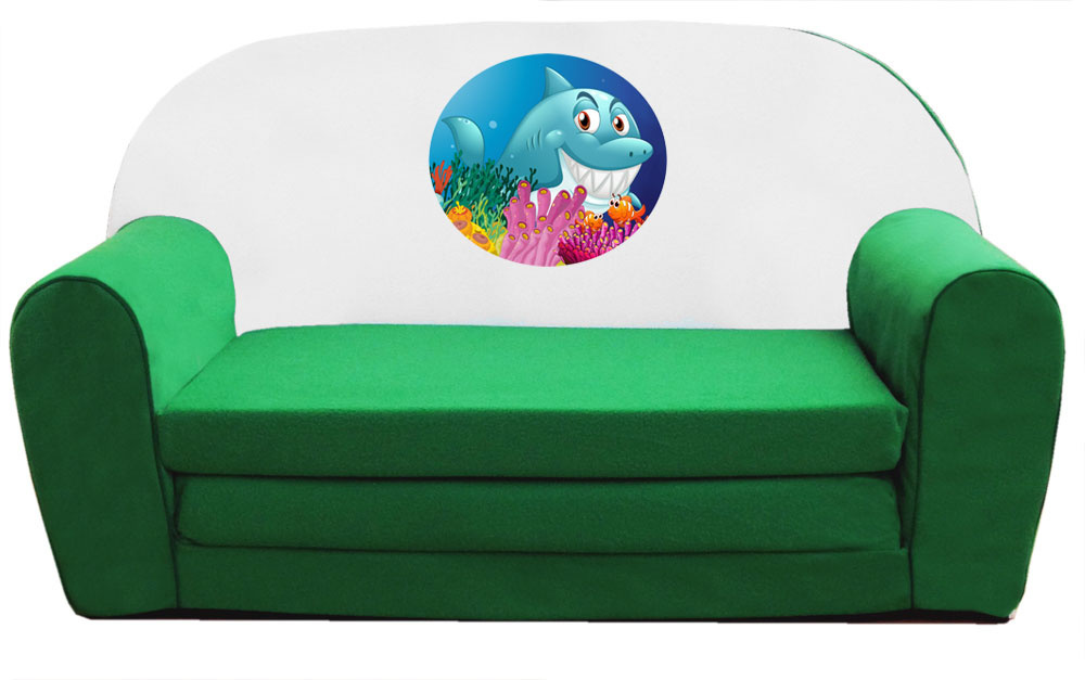 Kihajtható zöld szivacs kanapé gyerekeknek cápa mintával