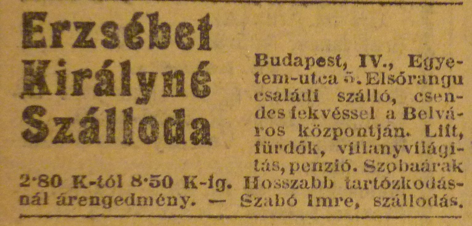 ErzsebetSzalloda-EgyetemUtca5-1913Januar-AzEstHirdetes