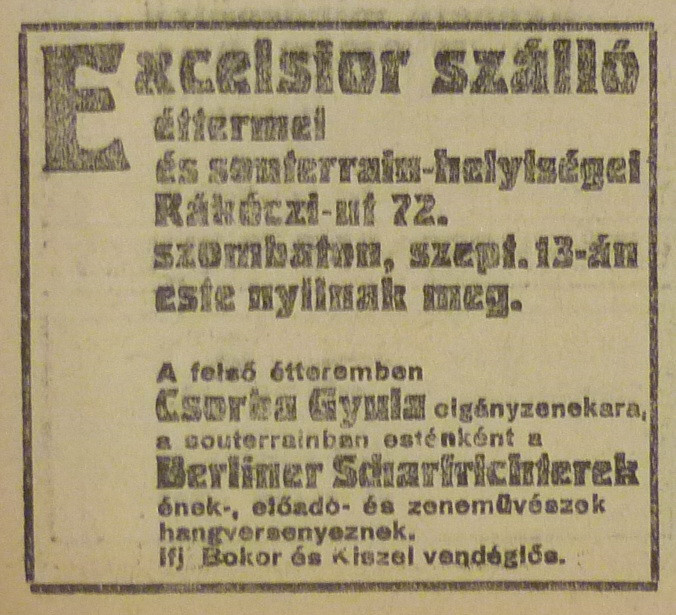 ExcelsiorSzallo-RakocziUt72-1913Szeptember-AzEstHirdetes