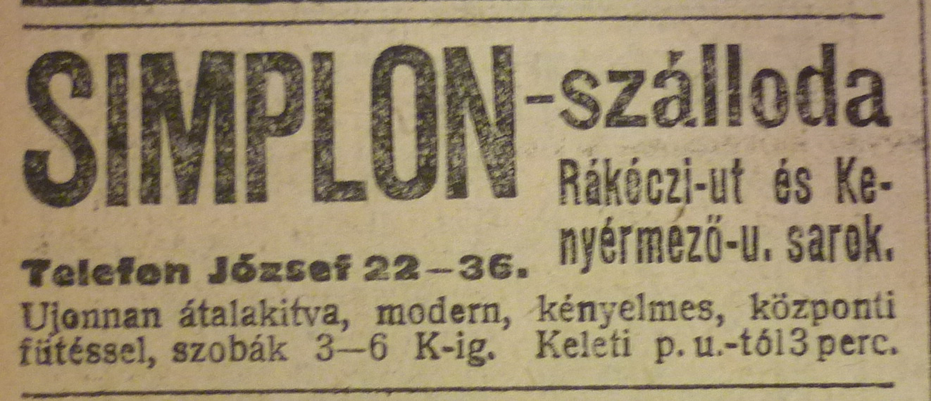 SimplonSzalloda-1913Szeptember-AzEstHirdetes