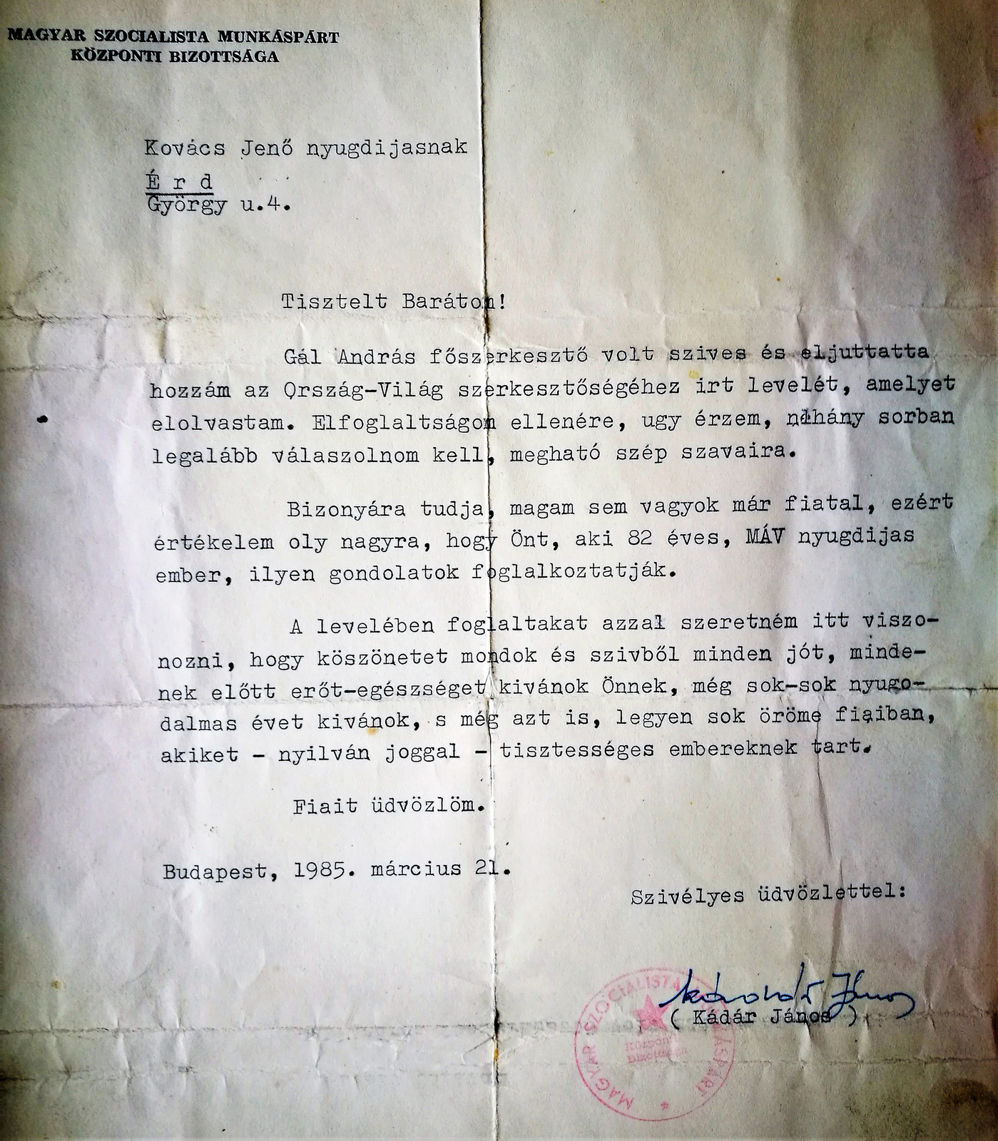 1985-ös levél nagyítása