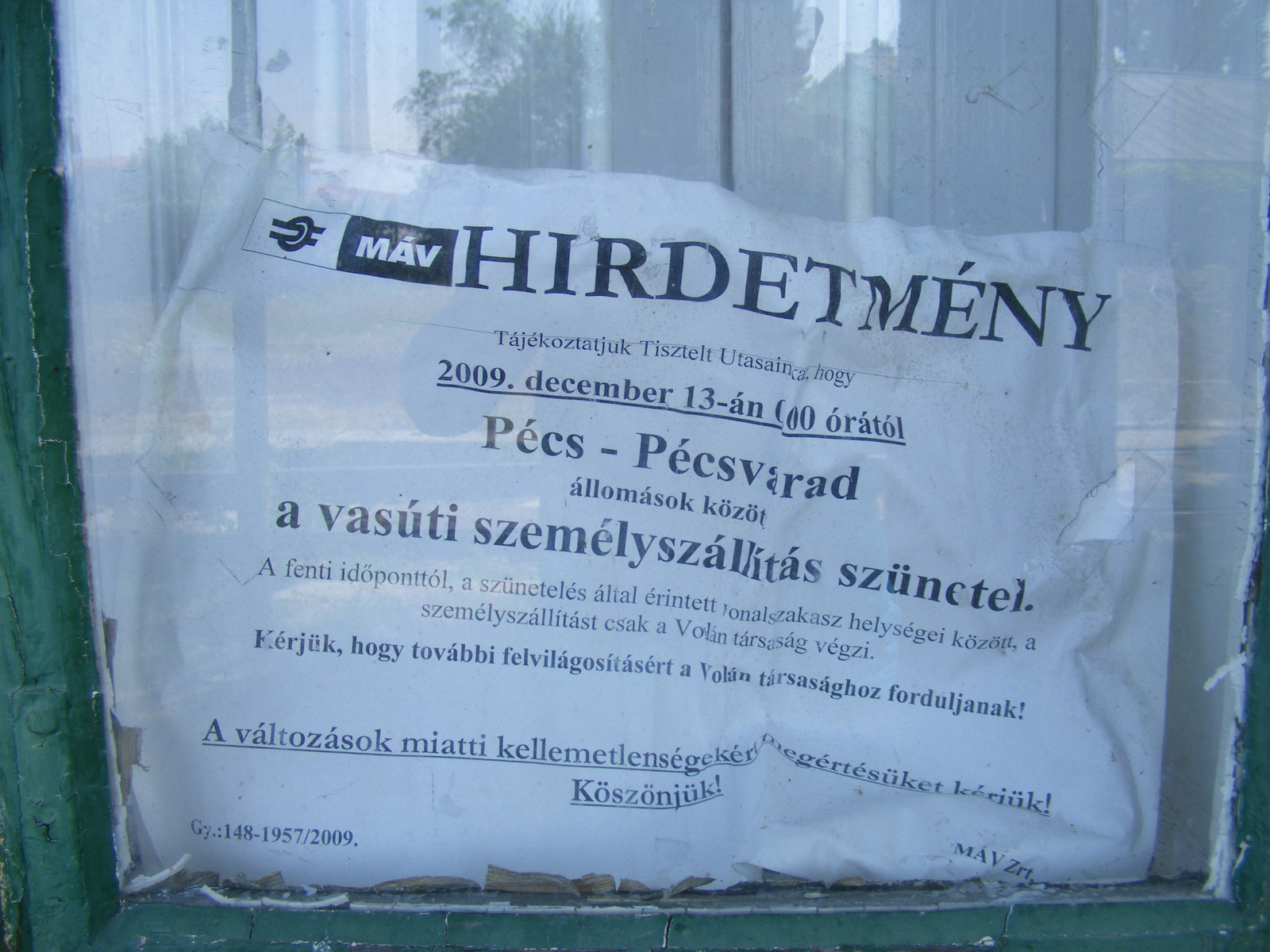 Pécsvárad- Hírdetmény a bezárásról