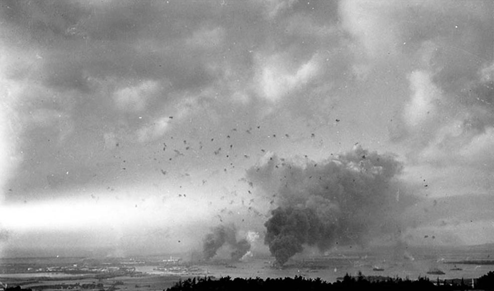 A wide-angle view of the sky above Pearl Harbor, Hawaii, filled 