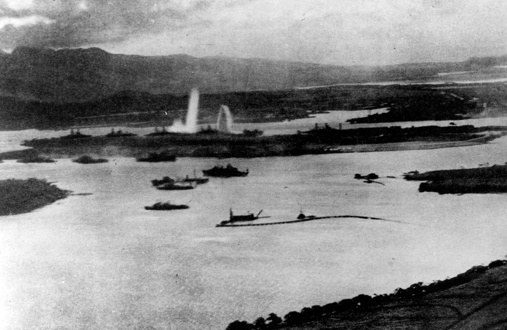 Aerial view of the initial blows struck against American ships, 