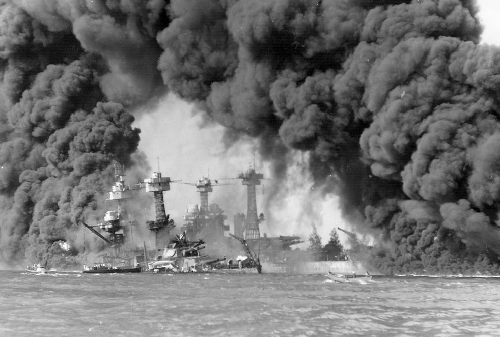 The battleships West Virginia and Tennessee burning after the Ja