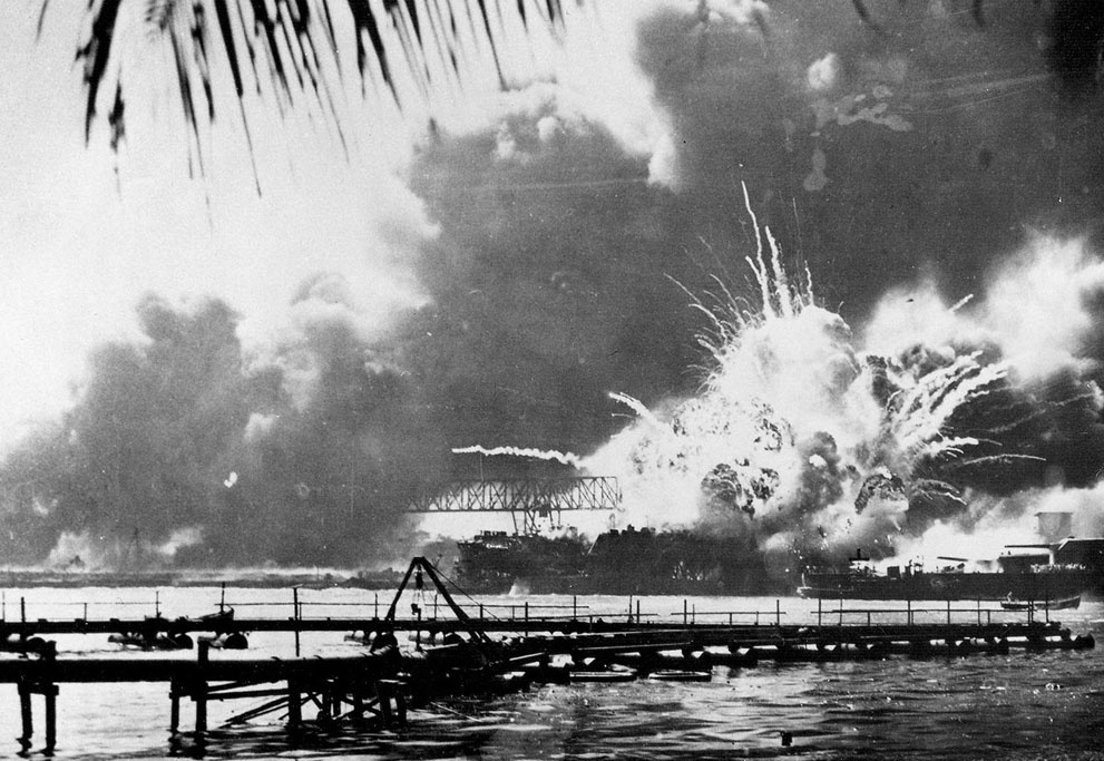 The USS Shaw explodes after being hit by bombs during the Japane