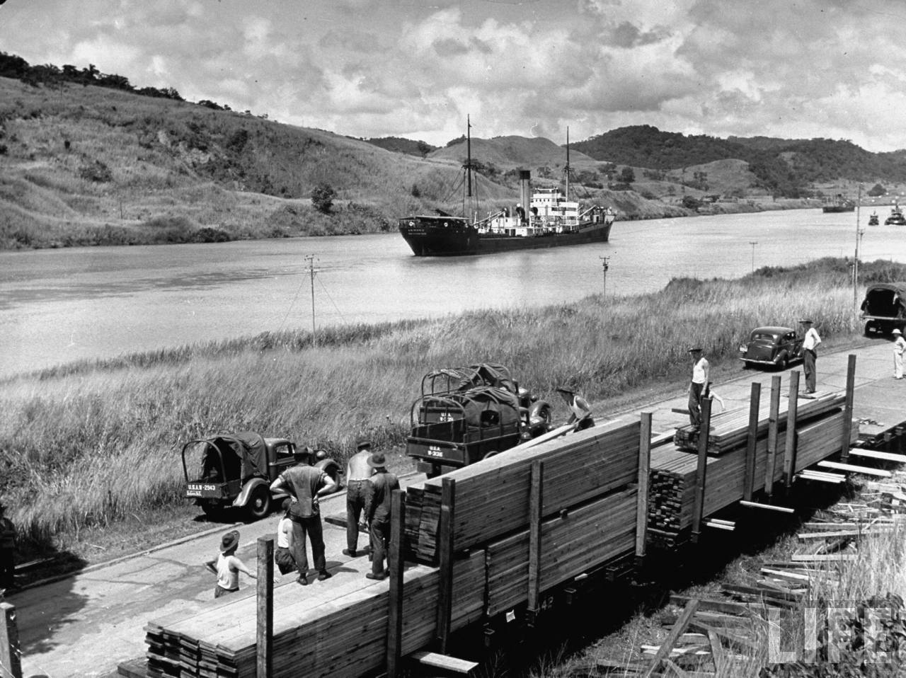 US military personnel working on roadway along the Panama Canal 