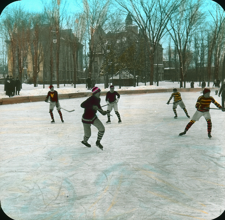 Hockey game, McGill campus, Montreal, QC, about 1910