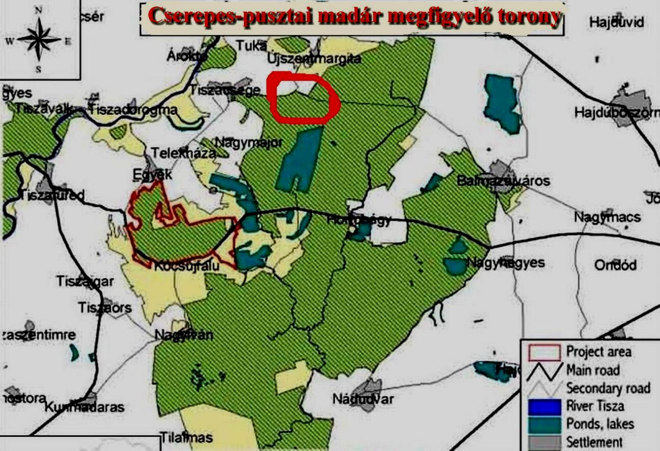 A Cserepes-pusztai madármegfigyelő mai térképen