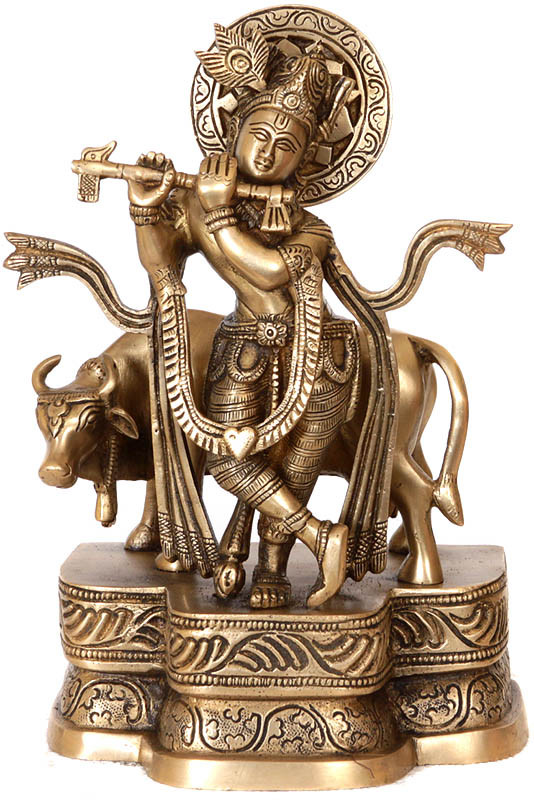 fluting krishna with his cow rq09